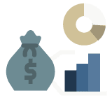 Money bag icon next to a gold circle chart and blue bar chart