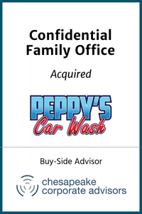 Chesapeake Corporate Advisors (“CCA”) is pleased to announce it has served as the exclusive financial advisor to a confidential family office in its acquisition of Peppy’s Car Wash.